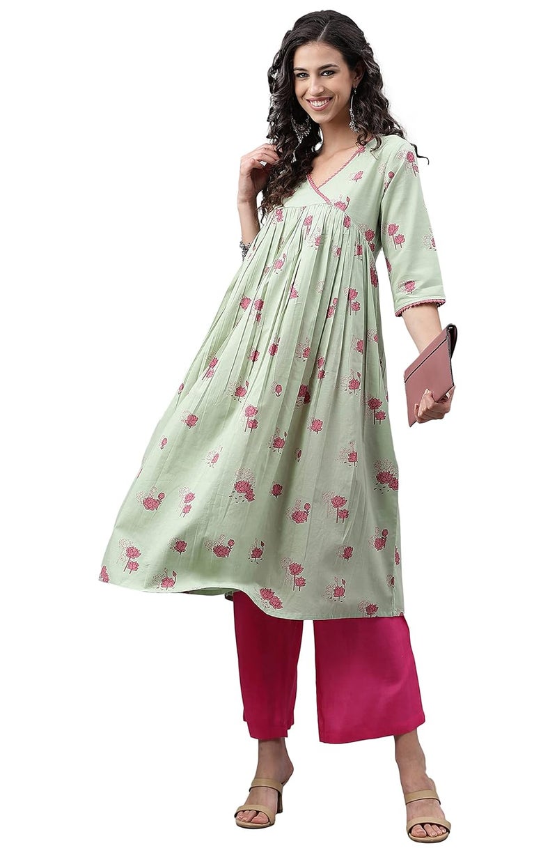 Janasya Women's Light Green Cotton Floral Printed Flared Kurta - Image 1